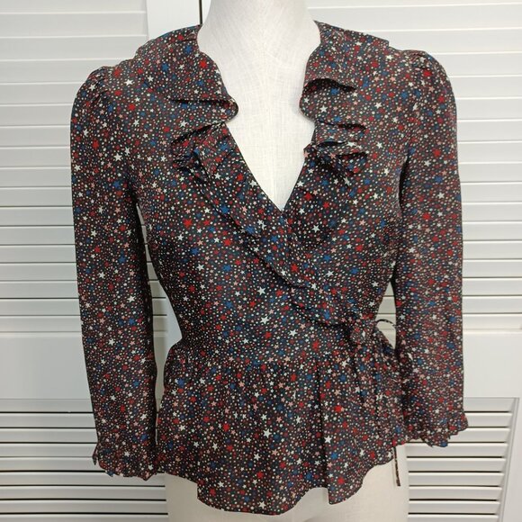 Madewell Star Print Blouse 100% Silk Peplum Wrap Size XSmall - Picture 14 of 15